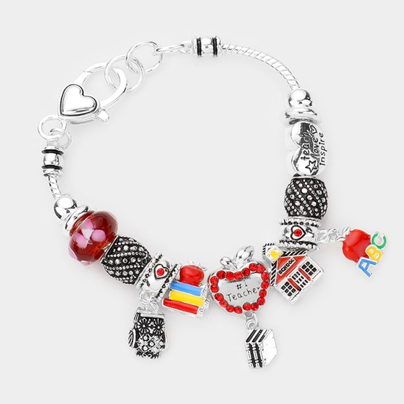 No. 1 Teacher Charm Bracelet Apple Owl Books ABCs Schoolhouse Metal Beaded Gift - Picture 1 of 4